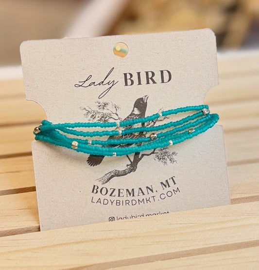 Frosted Bright Teal Green Seed Bead Wrap Bracelet Stack or Necklace with Gold or Silver
