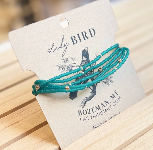 Frosted Bright Teal Green Seed Bead Wrap Bracelet Stack or Necklace with Gold or Silver