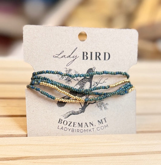 Speckled Dark Teal Seed Bead Wrap Bracelet Stack or in Gold or Silver Stripes