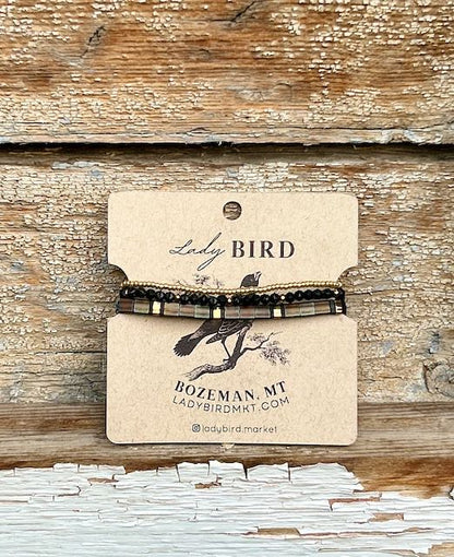 Aubergine & Black Patterned Tila Bead Stacked Bracelet Set