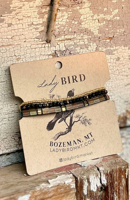 Aubergine & Black Patterned Tila Bead Stacked Bracelet Set