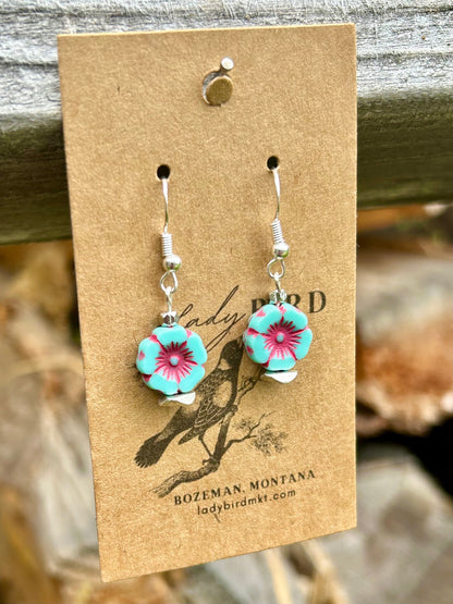 Turquoise & Red Etched Glass Hibiscus Flower Earrings