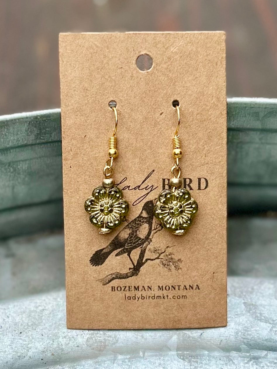 Translucent Green & Gold Wild Rose Flower Earrings