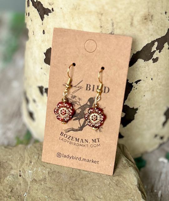 Translucent Red & Gold Etched Glass Wild Rose Flower Dangle Earrings