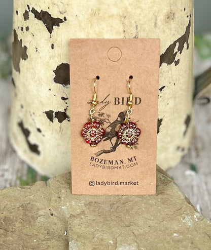 Translucent Red & Gold Etched Glass Wild Rose Flower Dangle Earrings