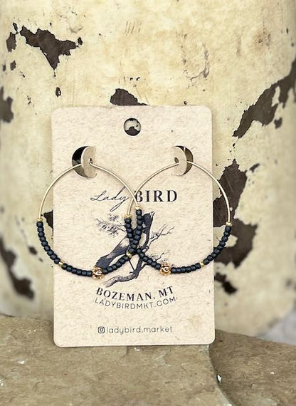 Black & Gold or Silver Latticed Beaded Hoop Earrings