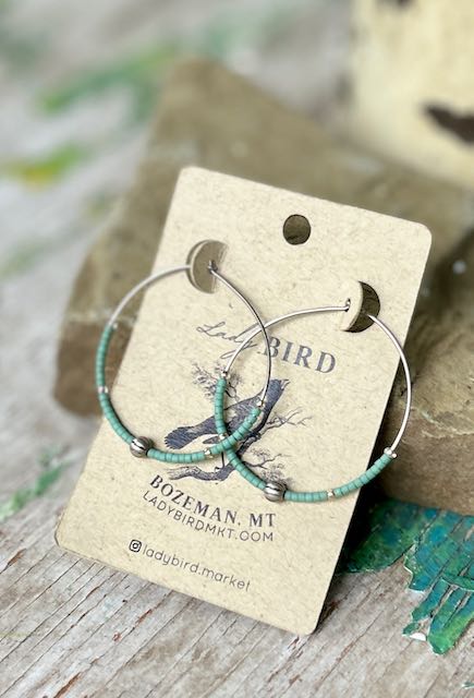 Sage Green & Silver Globe Beaded Hoop Earrings