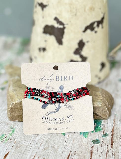 Southwest Patterned Reds & Black Seed Bead Boho Wrap Bracelet