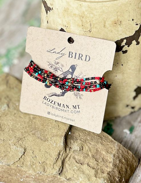 Southwest Patterned Reds & Black Seed Bead Boho Wrap Bracelet