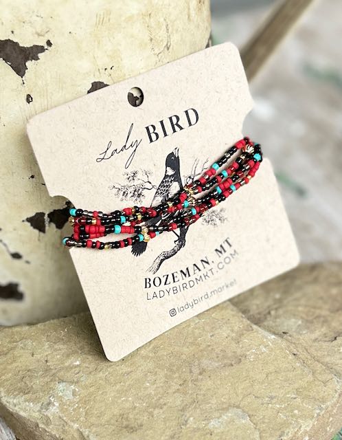 Southwest Patterned Reds & Black Seed Bead Boho Wrap Bracelet