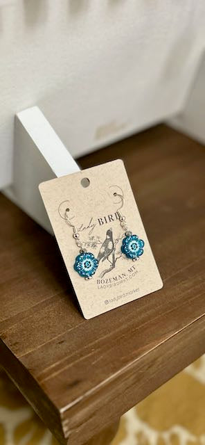 Capri Blue & Silver Etched Glass Wild Rose Flower Dangle Earrings