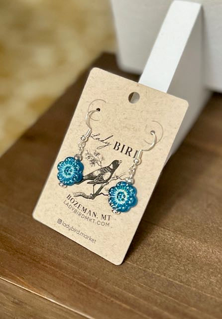 Capri Blue & Silver Etched Glass Wild Rose Flower Dangle Earrings