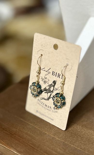 Capri Blue & Gold Etched Glass Wild Rose Flower Dangle Earrings