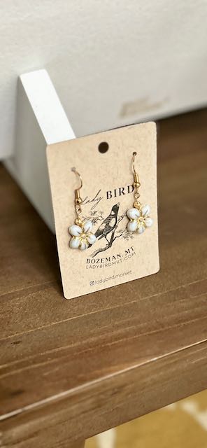 White Opal & Gold Etched Glass Wild Violet Flower Dangle Earrings