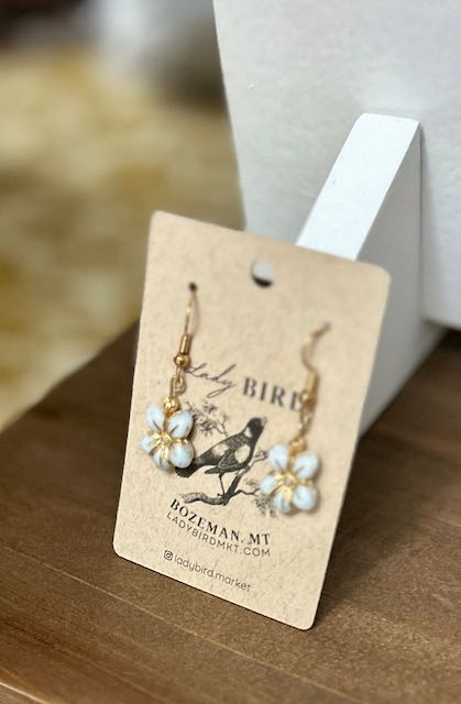 White Opal & Gold Etched Glass Wild Violet Flower Dangle Earrings