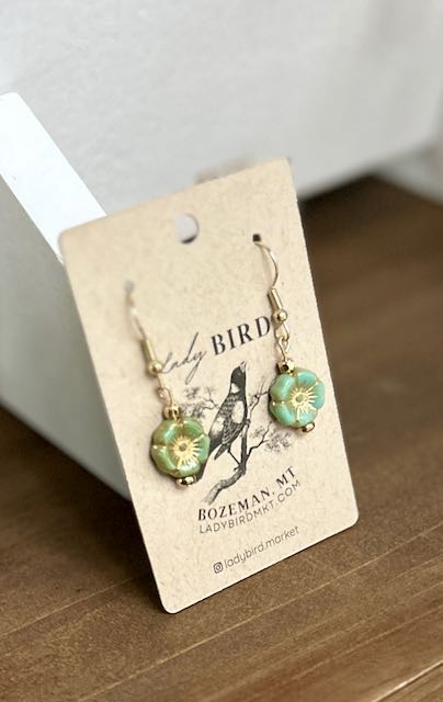 Green Tea & Gold Washed Etched Glass Hibiscus Flower Dangle Earrings