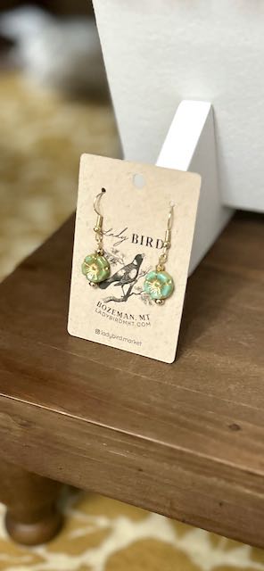 Green Tea & Gold Washed Etched Glass Hibiscus Flower Dangle Earrings