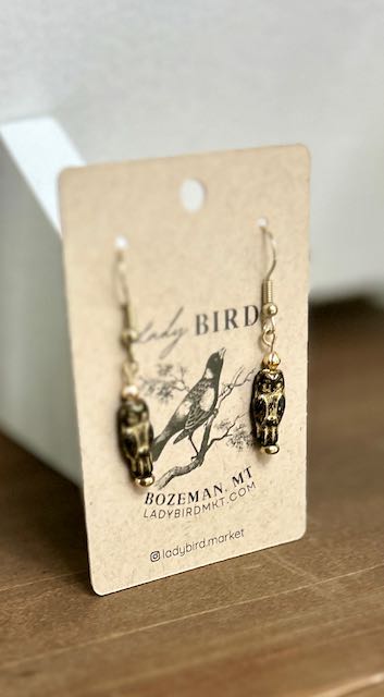 Black & Gold Etched Perched Owl Dangle Earrings