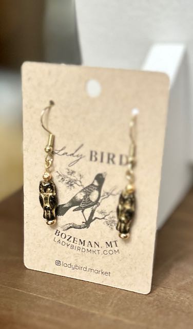 Black & Gold Etched Perched Owl Dangle Earrings