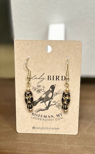 Black & Gold Etched Perched Owl Dangle Earrings