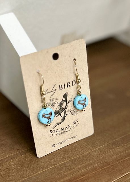 Alice Light Blue & Bronze Etched Birdy Dangle Earrings