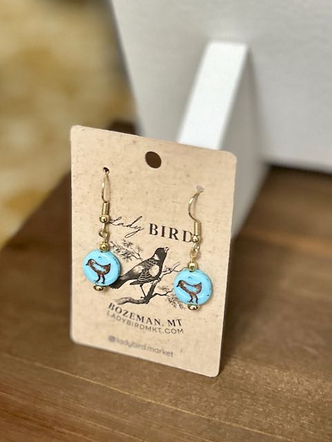 Alice Light Blue & Bronze Etched Birdy Dangle Earrings