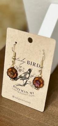 Amber & Gold Washed Etched Glass Hibiscus Flower Dangle Earrings