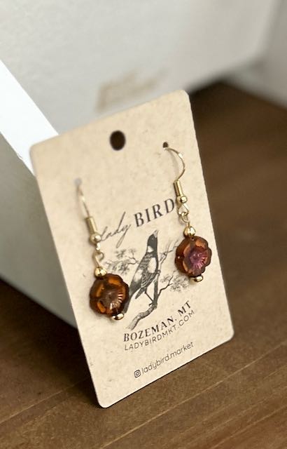 Amber & Gold Washed Etched Glass Hibiscus Flower Dangle Earrings