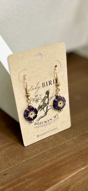 Deep Purple & Gold Washed Etched Glass Hibiscus Flower Dangle Earrings