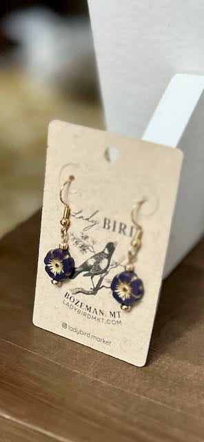 Deep Purple & Gold Washed Etched Glass Hibiscus Flower Dangle Earrings