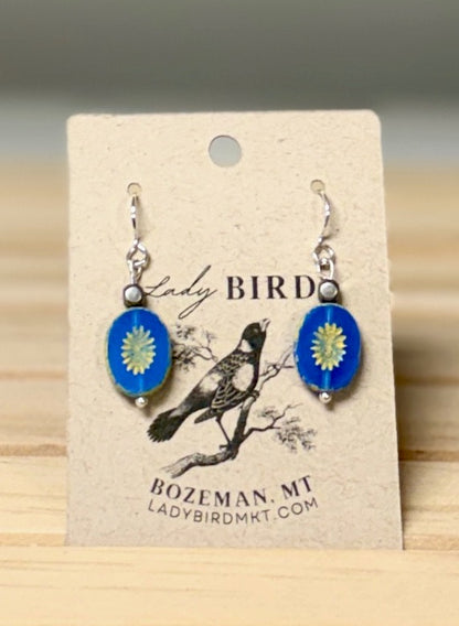 Cornflower Blue Opal & Yellow Star Etched Czech Glass Coin Silver or Gold Dangle Earrings