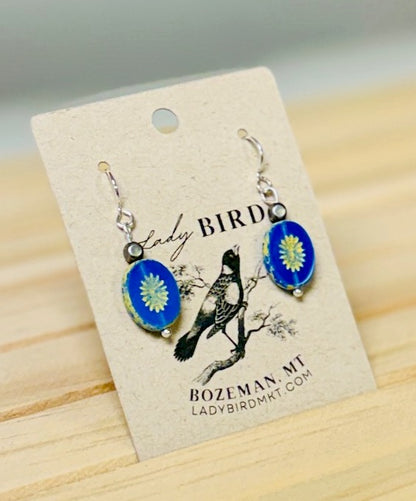 Cornflower Blue Opal & Yellow Star Etched Czech Glass Coin Silver or Gold Dangle Earrings