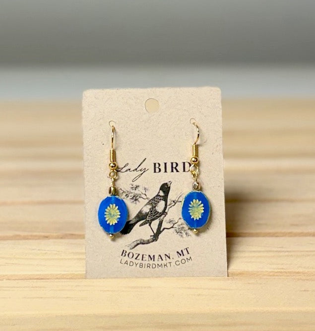 Cornflower Blue Opal & Yellow Star Etched Czech Glass Coin Silver or Gold Dangle Earrings