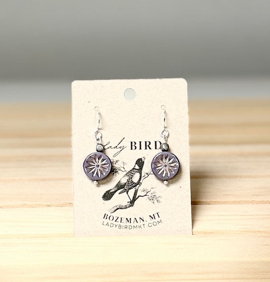 Smoky Purple & Platinum Daisy Etched Czech Glass Coin Dangle Earrings