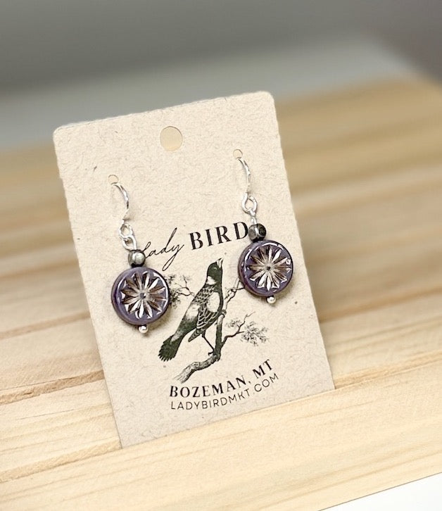 Smoky Purple & Platinum Daisy Etched Czech Glass Coin Dangle Earrings
