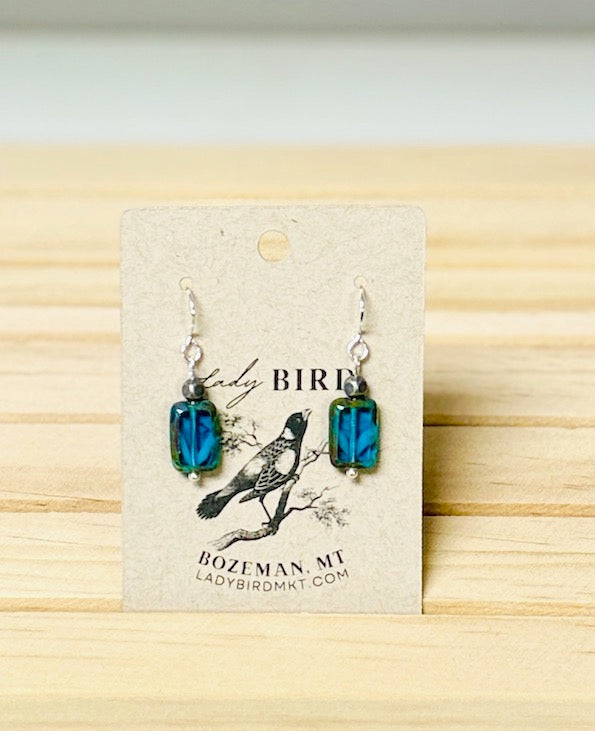 Capri Blue Waters Czech Glass Rectangle Dangle Earrings in Silver or Gold
