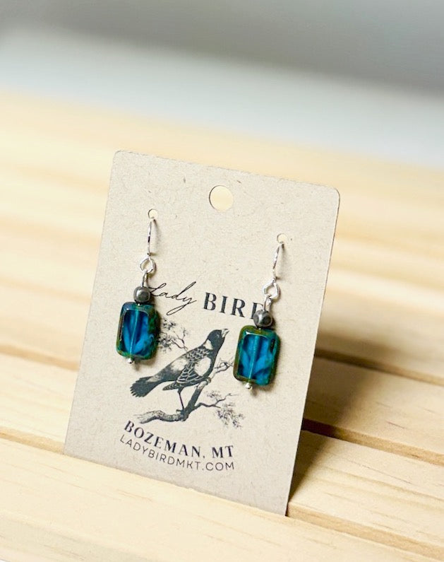 Capri Blue Waters Czech Glass Rectangle Dangle Earrings in Silver or Gold