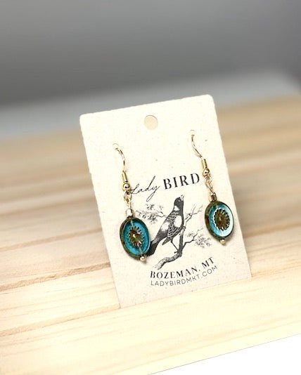 Translucent Aquamarine Star Etched Czech Glass Coin Dangle Earrings