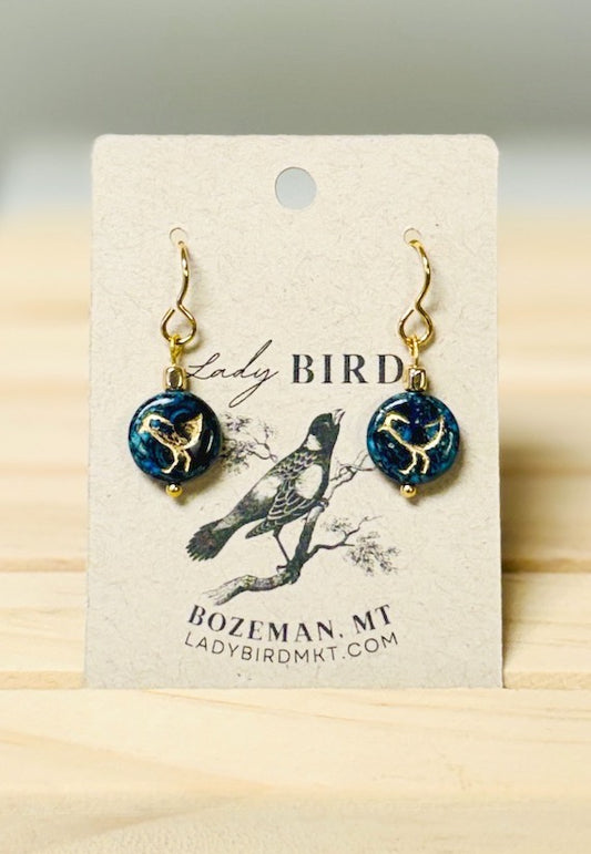 Speckled Navy Blue & Gold Etched Czech Glass Bird Dangle Earrings
