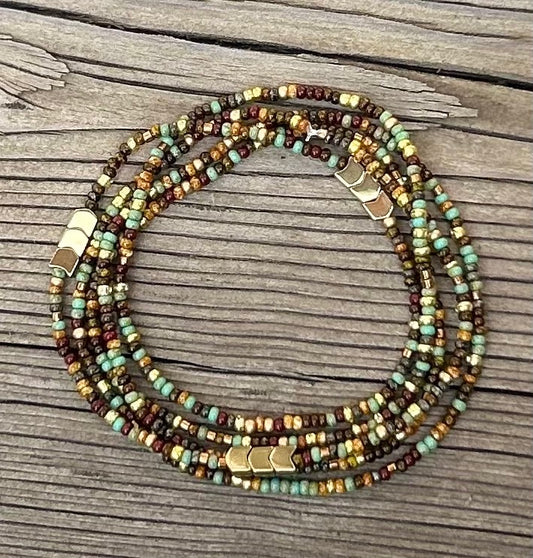 Harvest Green, Brown, Golden Arrow Boho Beaded Stacked 5-Wrap Bracelet