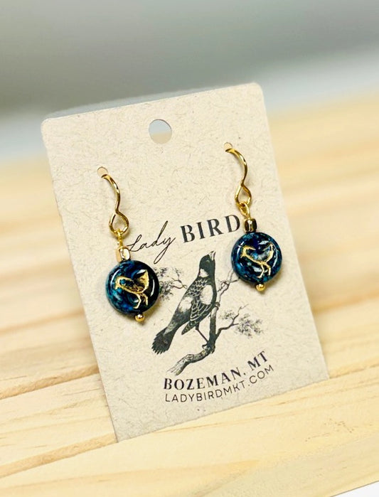 Speckled Navy Blue & Gold Etched Czech Glass Bird Dangle Earrings