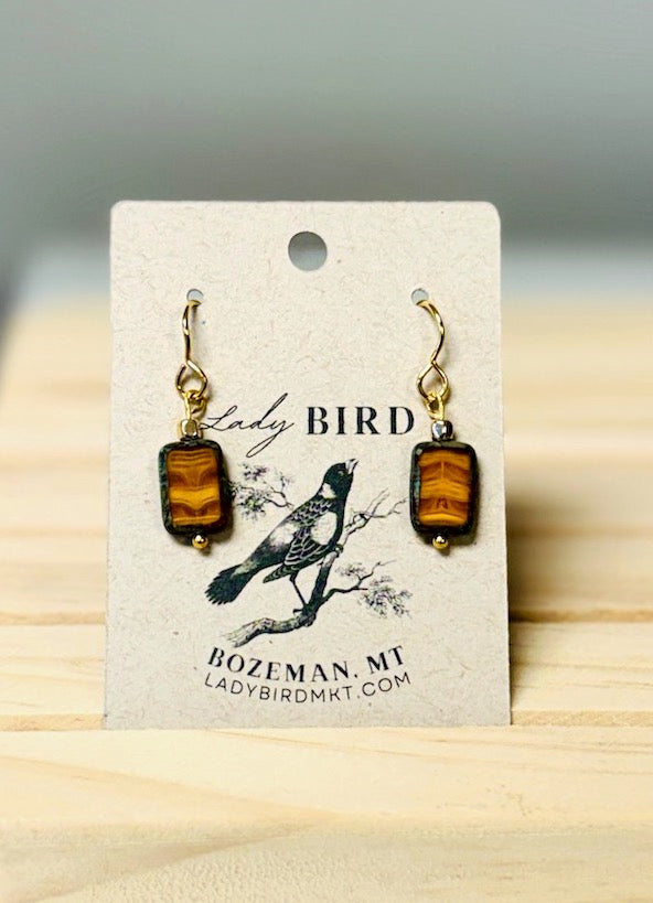 Amber Swirl Czech Glass Rectangle Dangle Earrings in Silver or Gold