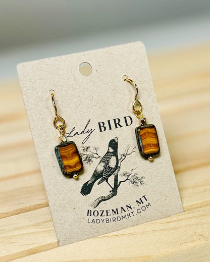 Amber Swirl Czech Glass Rectangle Dangle Earrings in Silver or Gold
