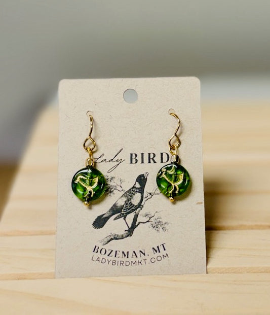 Translucent Olive Green & Gold Etched Czech Glass Bird Dangle Earrings