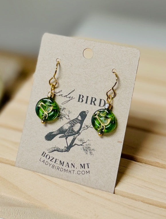 Translucent Olive Green & Gold Etched Czech Glass Bird Dangle Earrings