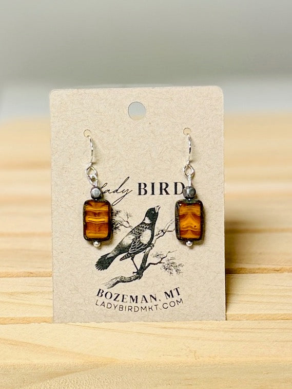 Amber Swirl Czech Glass Rectangle Dangle Earrings in Silver or Gold