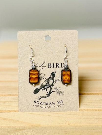 Amber Swirl Czech Glass Rectangle Dangle Earrings in Silver or Gold