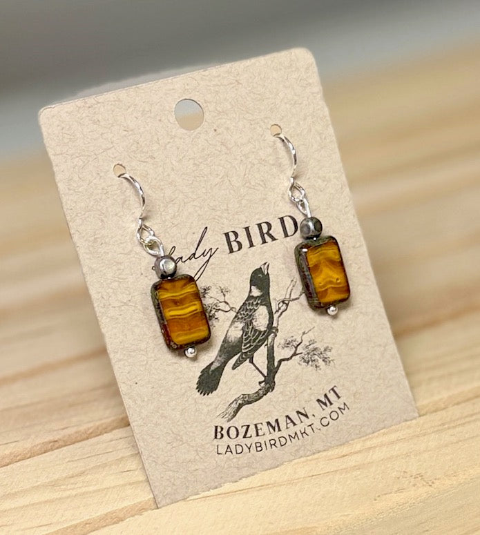 Amber Swirl Czech Glass Rectangle Dangle Earrings in Silver or Gold