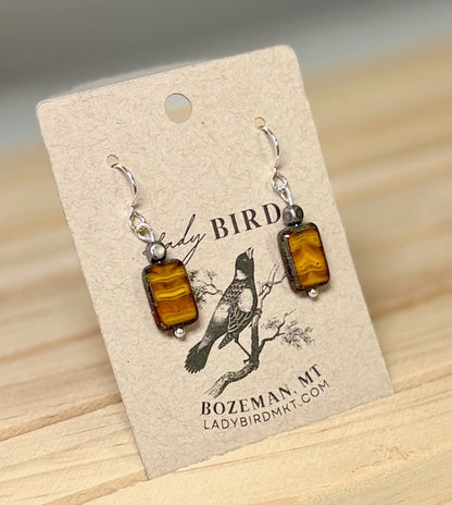 Amber Swirl Czech Glass Rectangle Dangle Earrings in Silver or Gold