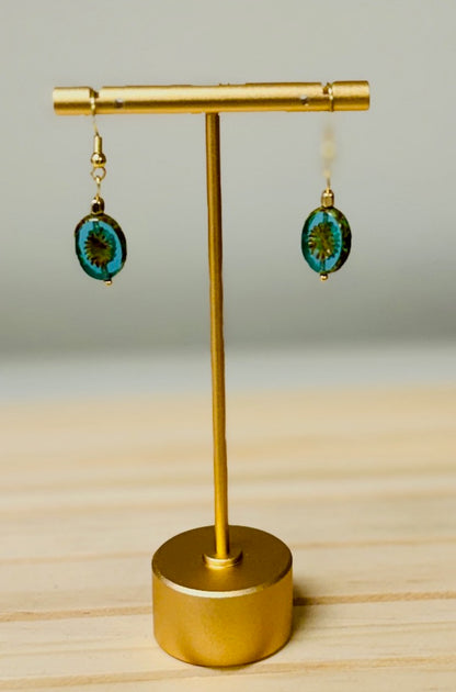 Translucent Aquamarine Star Etched Czech Glass Coin Dangle Earrings